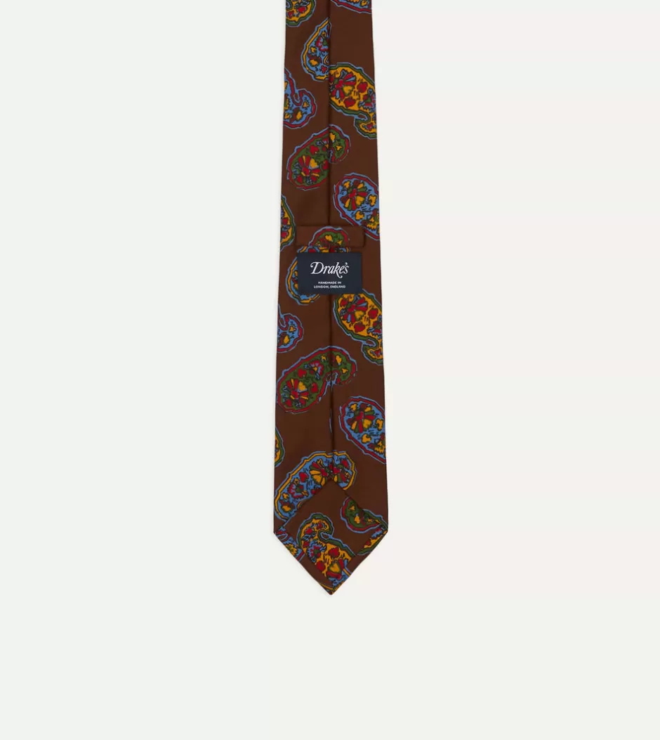 Drake's Brown Large Paisley Print Silk Self Tipped Tie New