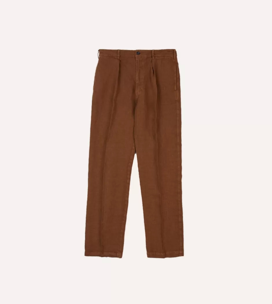 Drake's Linen Games Trousers Brown Sale