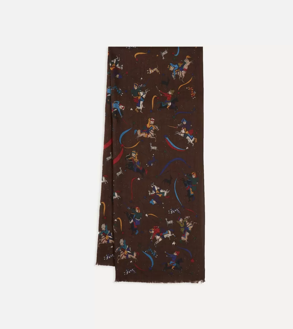 Drake's Brown Mughal And Stars Print Wool Scarf Discount