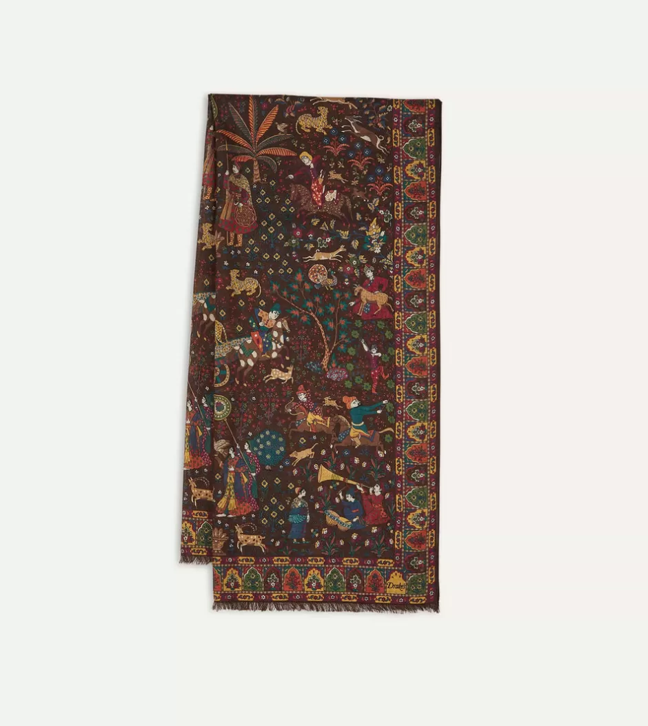 Drake's Brown Mughal Hunter Print Wool-Silk Scarf Shop