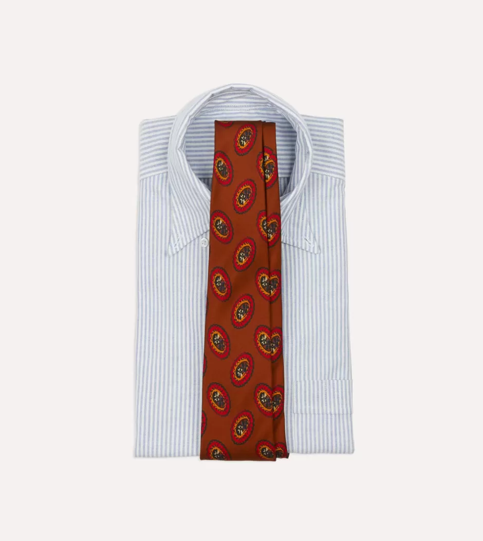 Drake's Brown Oval Medallion Print Silk Self Tipped Tie Discount