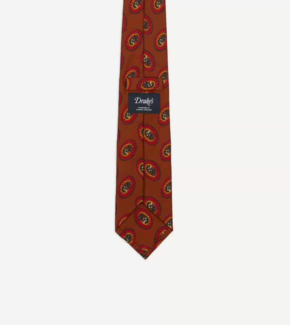 Drake's Brown Oval Medallion Print Silk Self Tipped Tie Discount