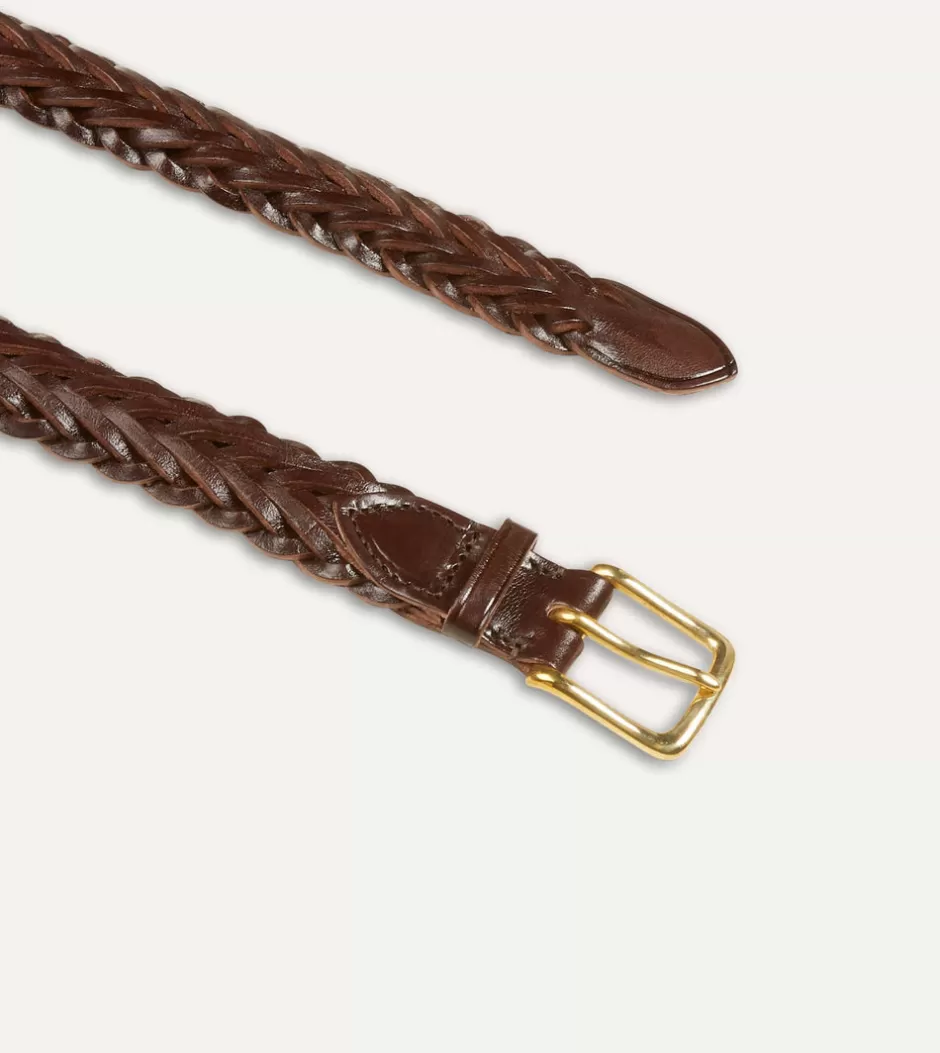 Drake's Brown Plaited Bridle Leather Belt With Brass Buckle Store