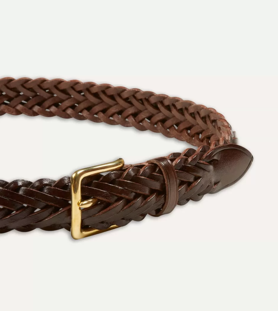 Drake's Brown Plaited Bridle Leather Belt With Brass Buckle Store