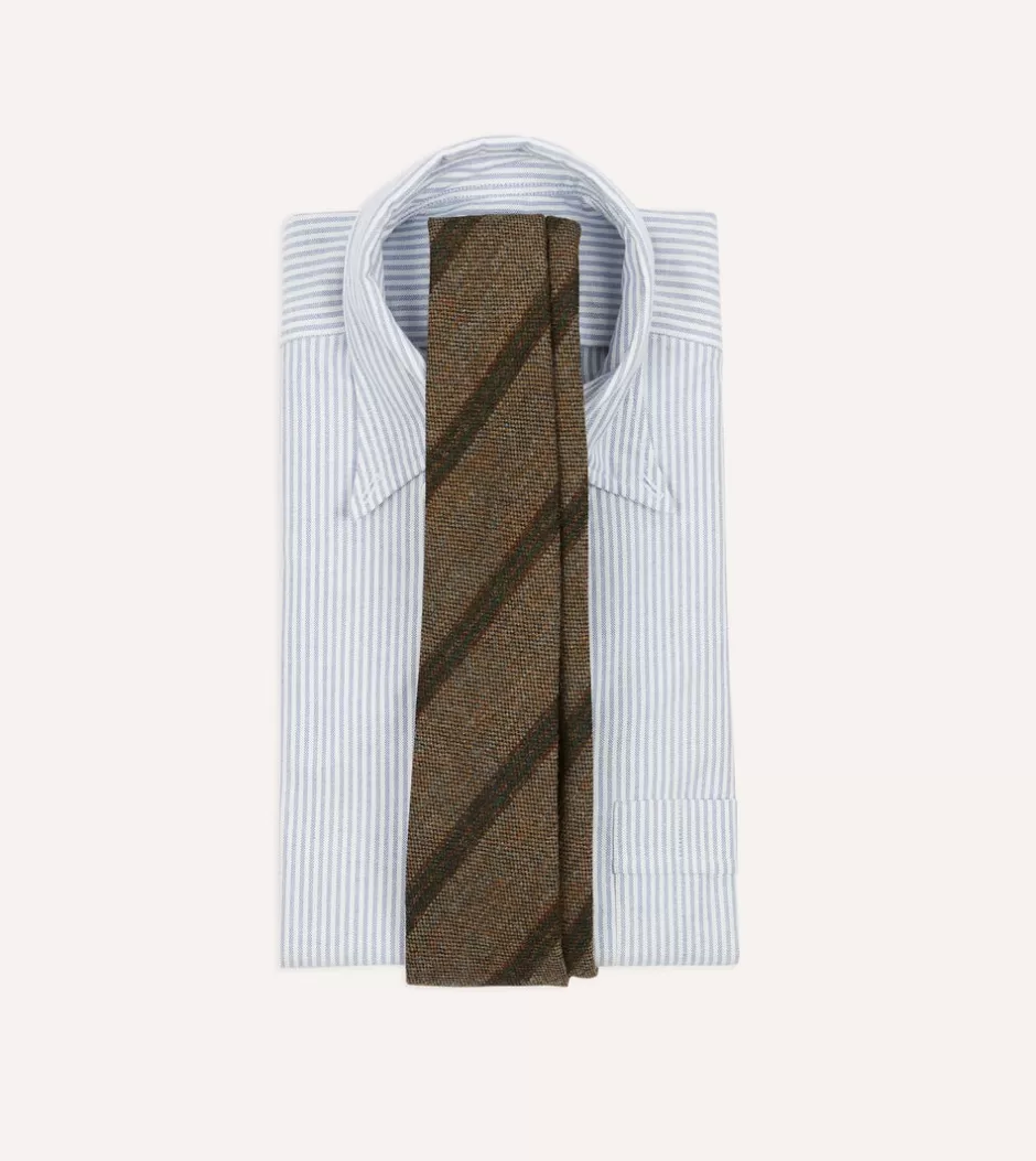 Drake's Brown Sandwich Stripe Hand Rolled Wool Tie Store