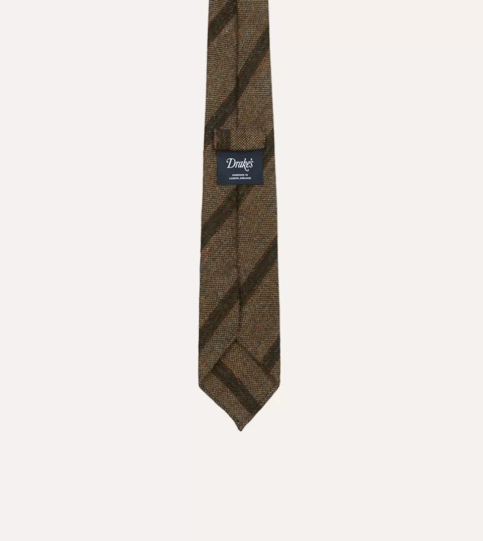 Drake's Brown Sandwich Stripe Hand Rolled Wool Tie Store