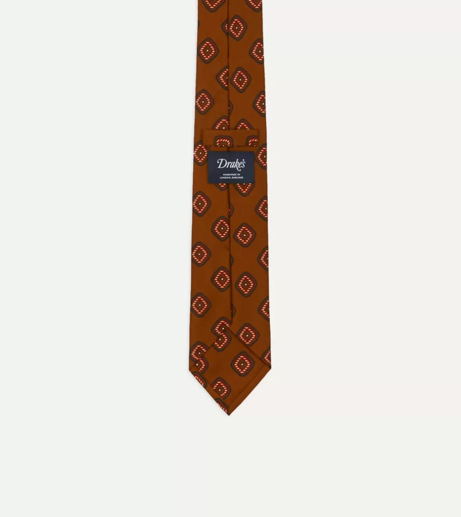 Drake's Brown Tile Print 36oz Madder Silk Self Tipped Tie New