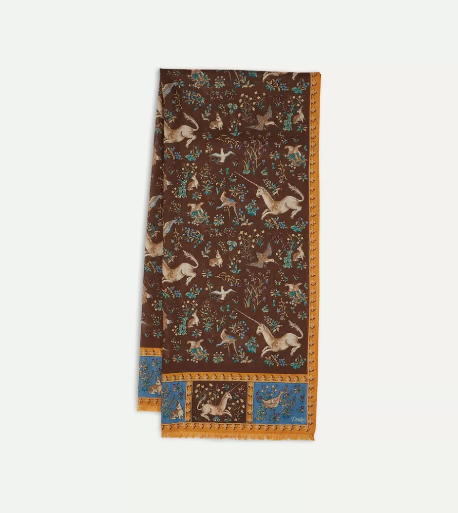 Drake's Brown Unicorn Print Wool-Silk Scarf Sale