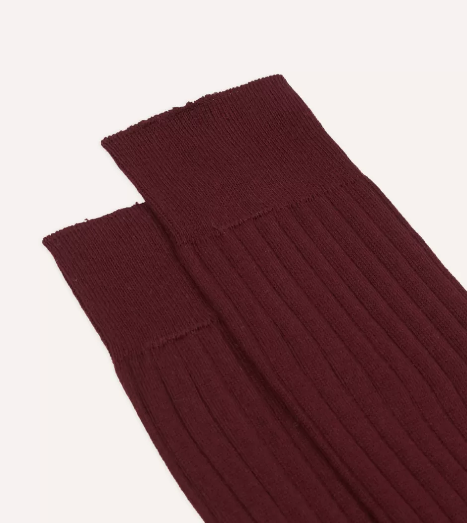 Drake's Cotton Mid-Calf Socks Burgundy Online