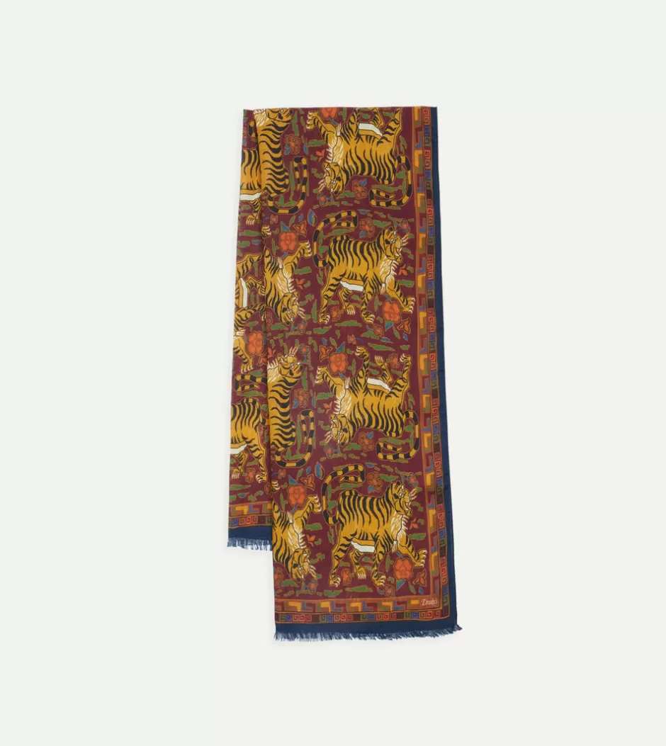 Drake's Burgundy Jumbo Tiger Print Wool-Silk Scarf Sale