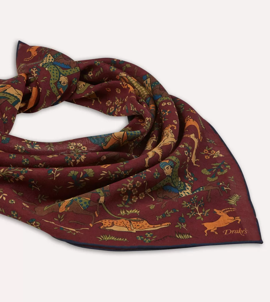 Drake's Burgundy Mughal Print Wool-Silk Square Scarf Sale