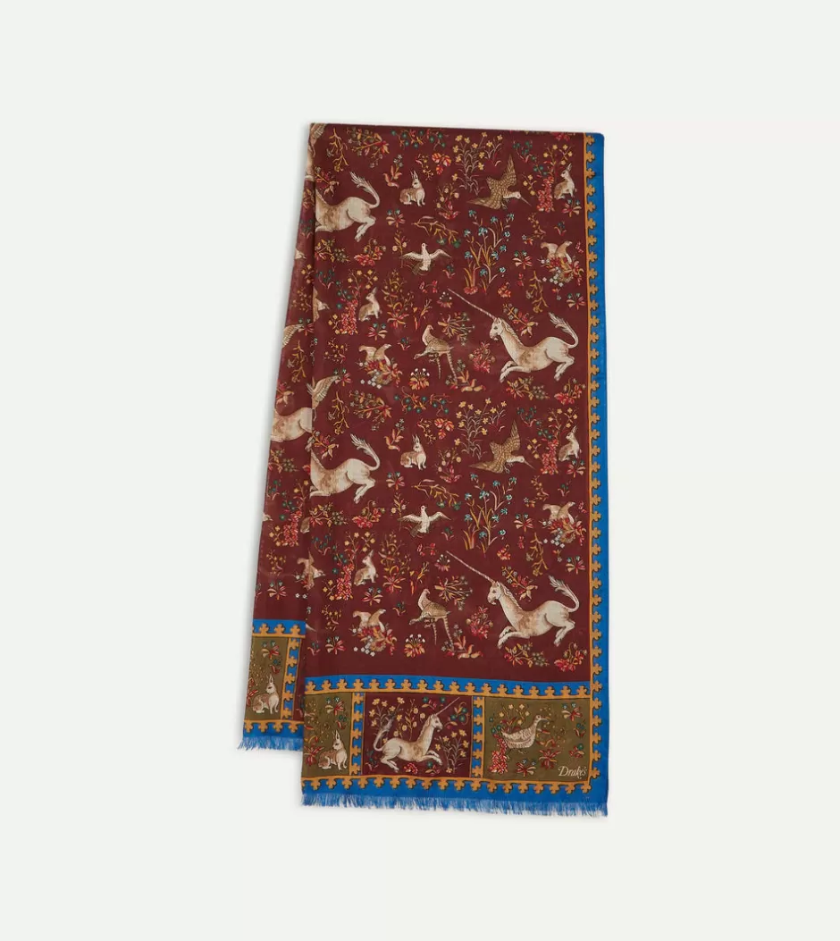 Drake's Burgundy Unicorn Print Wool-Silk Scarf Fashion