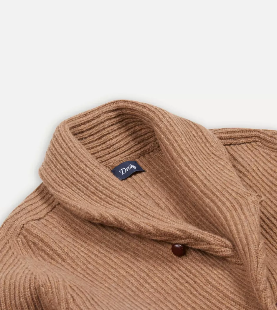 Drake's Lambswool Shawl Collar Cardigan Camel Flash Sale