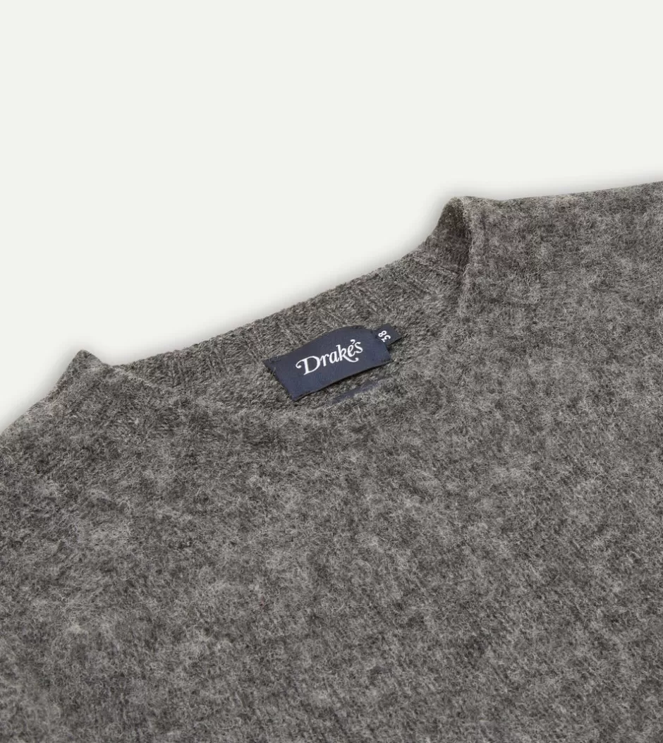 Drake's Brushed Shetland Crew Neck Jumper Charcoal New