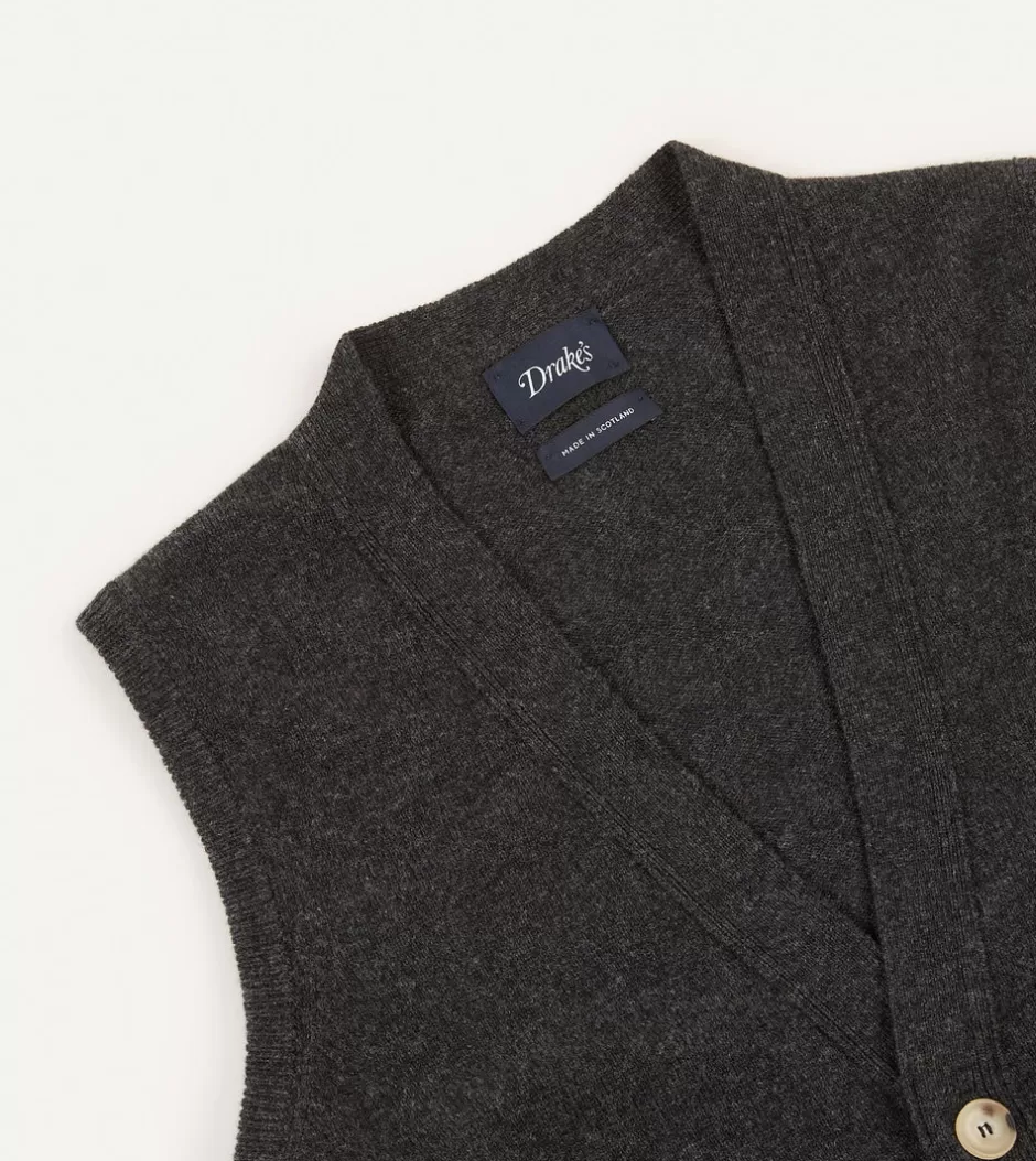 Drake's Lambswool Sleeveless Cardigan Charcoal Shop