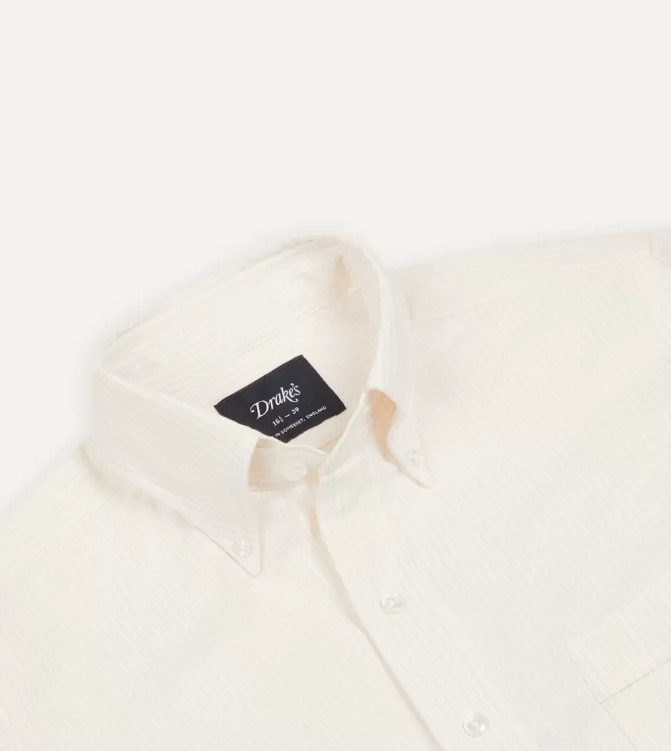 Drake's Ticking Stripe Cotton Oxford Cloth Button-Down Shirt Cream Discount