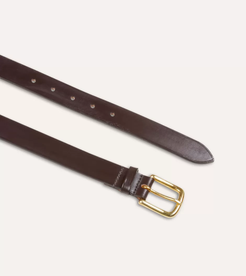 Drake's Dark Brown Unlined Bridle Leather Belt With Brass Buckle Discount