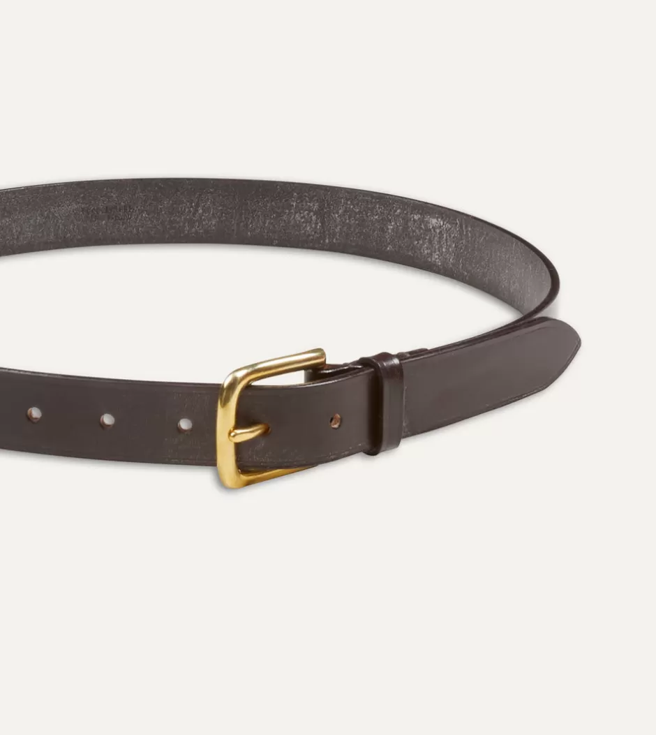 Drake's Dark Brown Unlined Bridle Leather Belt With Brass Buckle Discount