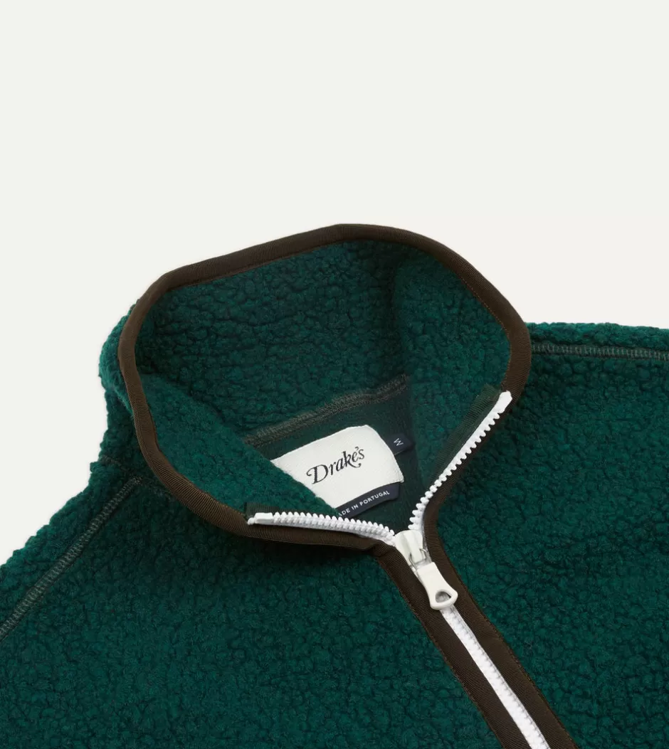 Drake's Boucle Wool Zip Fleece Vest Dark green Flash Sale