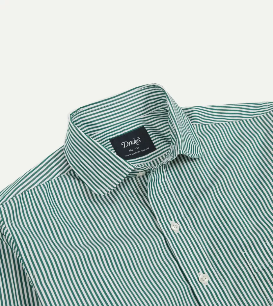 Drake's Dark Green Narrow Stripe Poplin Club Collar Shirt New