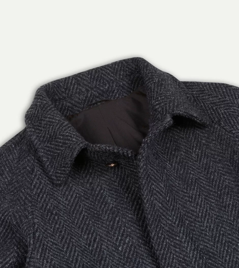 Drake's Dark Grey Herringbone Wool Raglan Coat Store