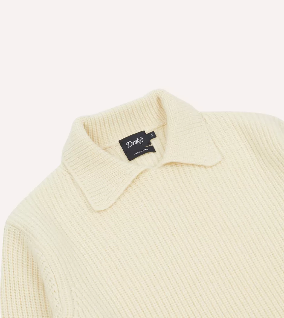 Drake's Alpaca Lambswool Ribbed Integral Collar Jumper Ecru Cheap