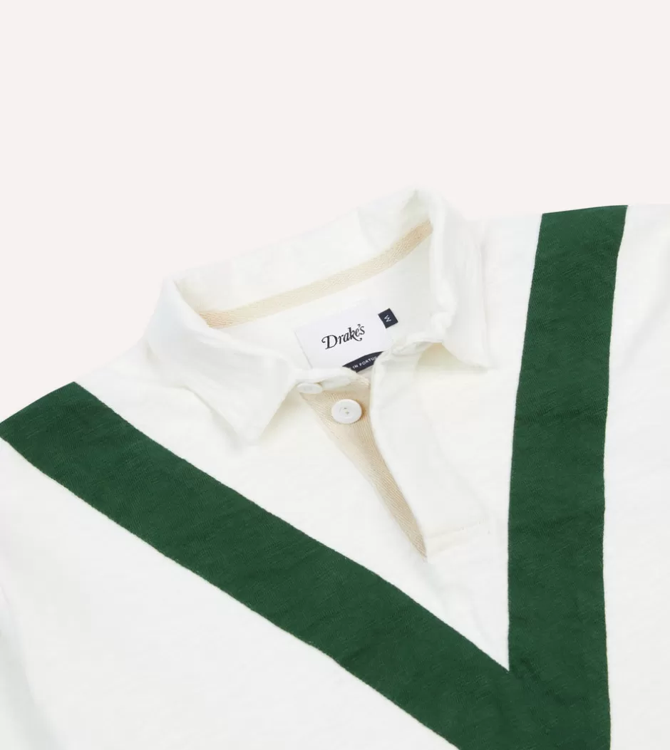 Drake's Ecru And Green Chevron Cotton Rugby Shirt Shop