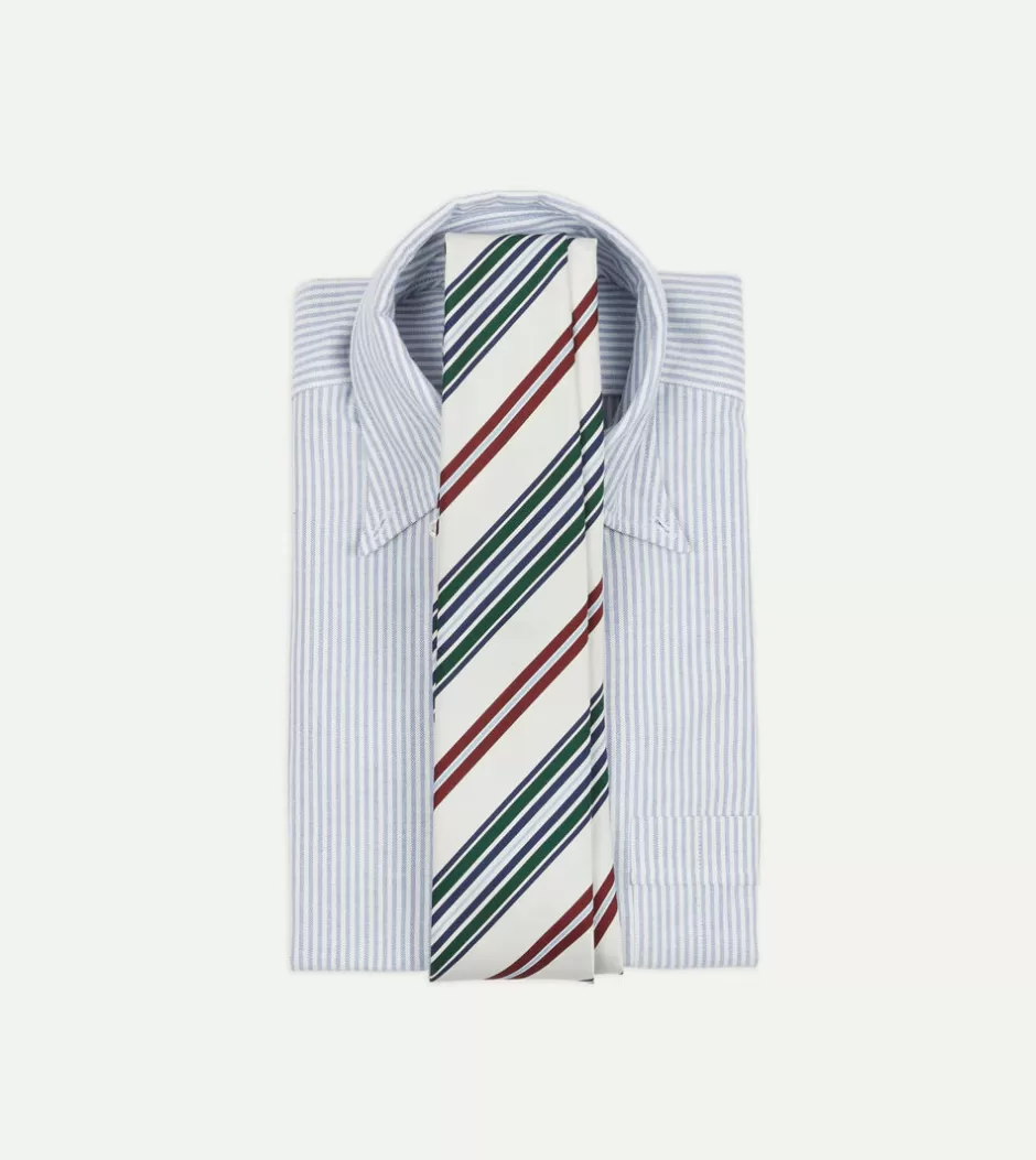 Drake's Ecru And Green Multi Stripe Mogador Tipped Tie New