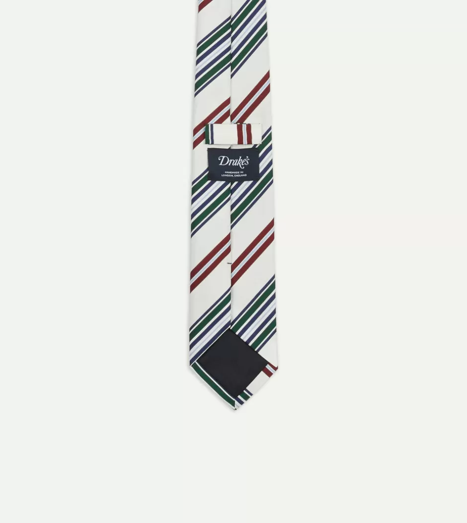 Drake's Ecru And Green Multi Stripe Mogador Tipped Tie New