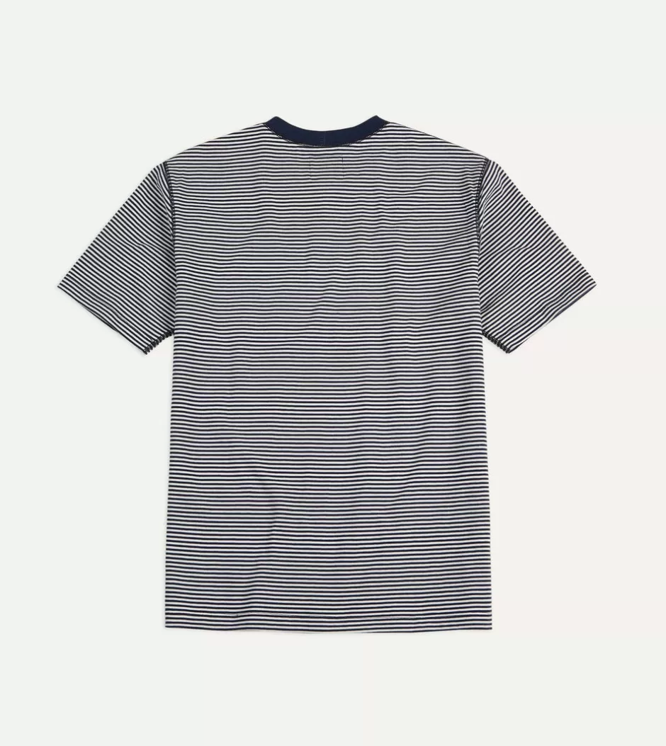 Drake's Ecru And Navy Stripe Cotton Crew Neck Hiking T-Shirt Cheap