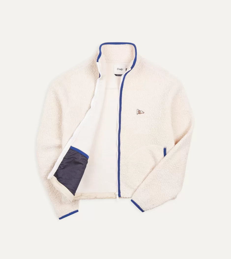 Drake's Boucle Wool Zip Fleece Jacket Ecru Clearance