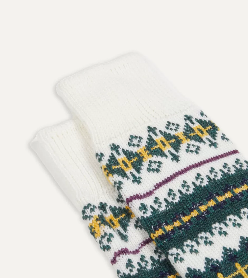 Drake's Ecru Fair Isle Wool Cotton Socks New