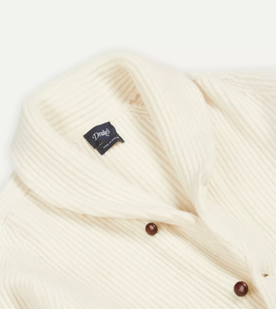 Drake's Lambswool Shawl Collar Cardigan Ecru Flash Sale