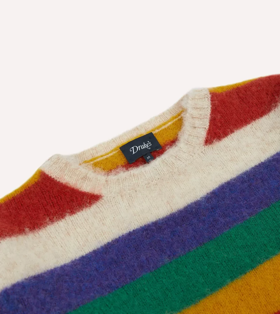 Drake's Ecru Multi Stripe Brushed Shetland Crew Neck Jumper Fashion