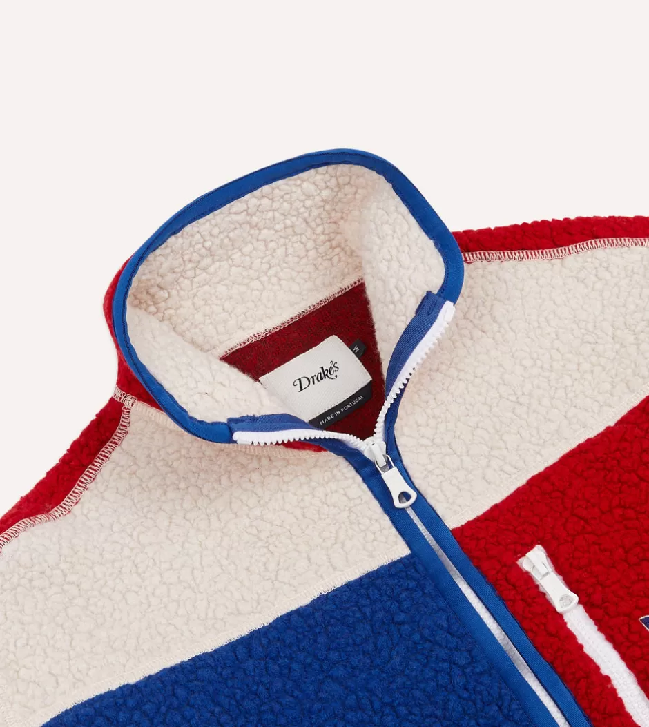 Drake's Ecru, Red And Blue Boucle Wool Zip Fleece Jacket Outlet