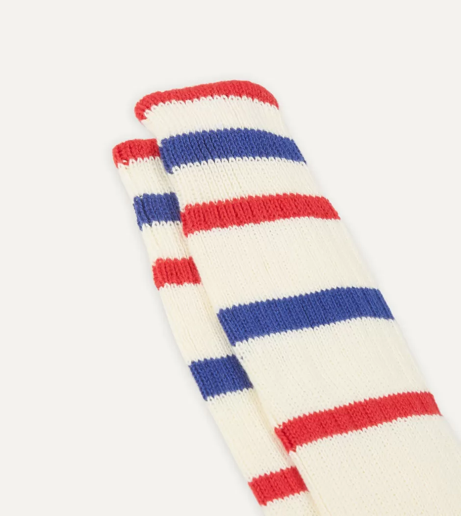 Drake's Ecru, Red And Navy Striped Sport Socks Clearance