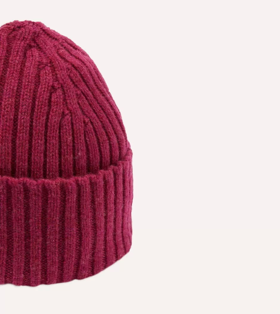 Drake's Lambswool Ribbed Knit Cap Fuchsia Hot