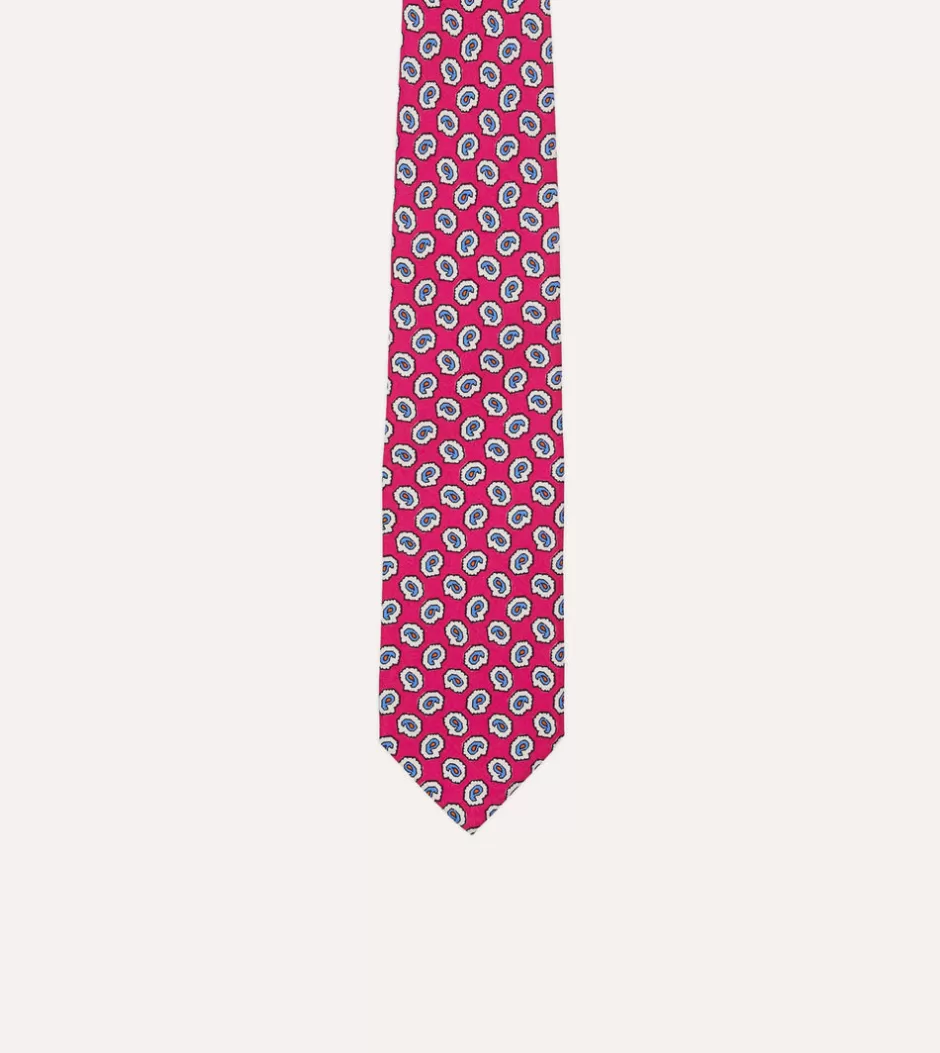 Drake's Small Paisley Leaf Print Silk Self Tipped Tie Fuchsia Store