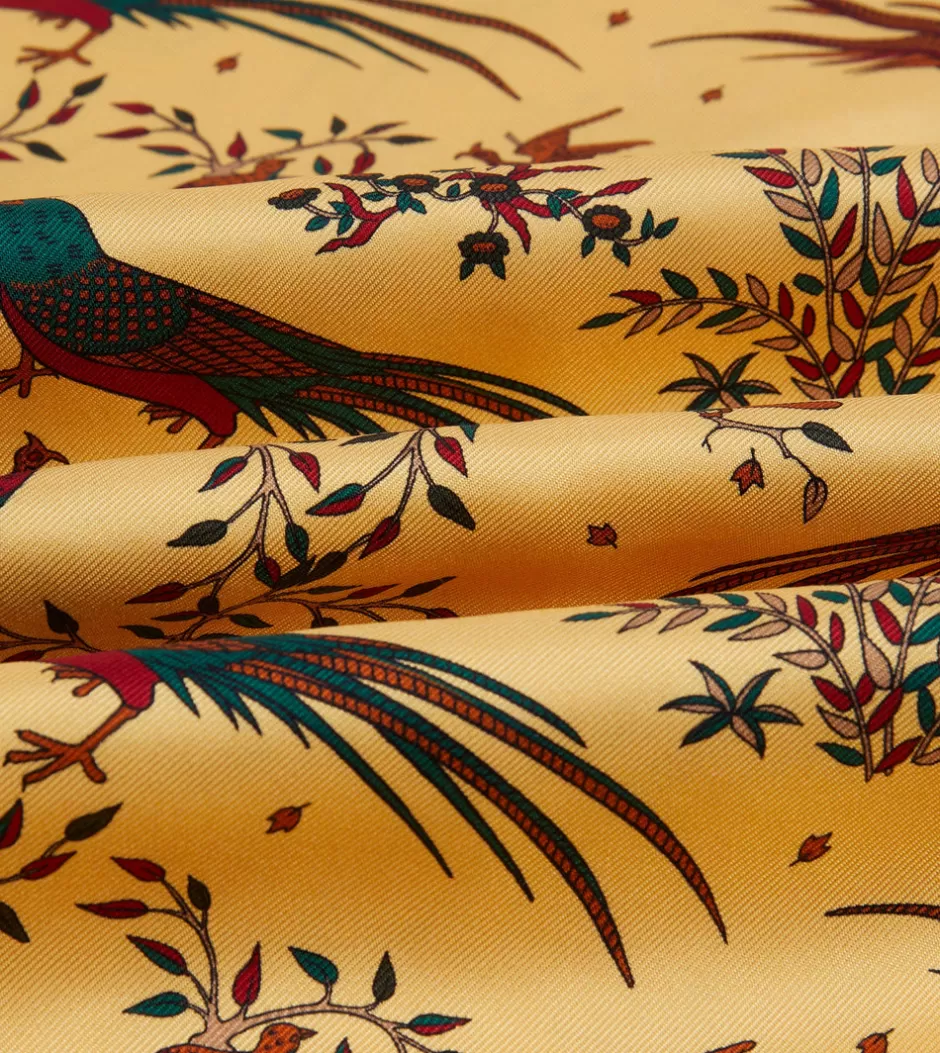 Drake's Gold Birds Of Paradise Print Tubular Silk Tasselled Scarf New