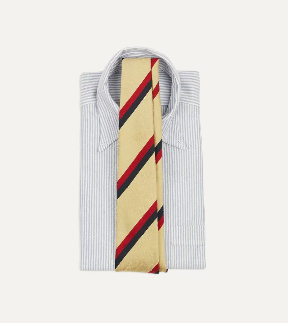 Drake's Gold, Red And Navy Stripe Shantung Silk Tie Shop