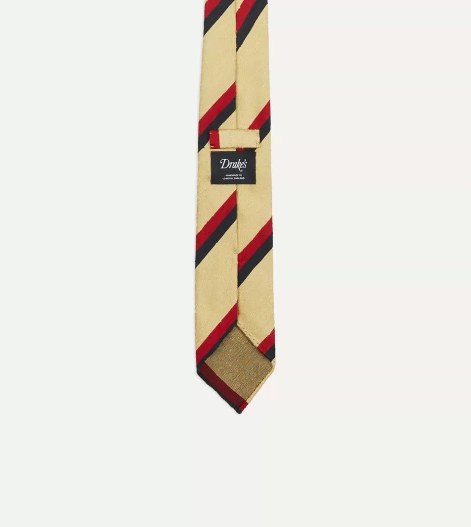 Drake's Gold, Red And Navy Stripe Shantung Silk Tie Shop