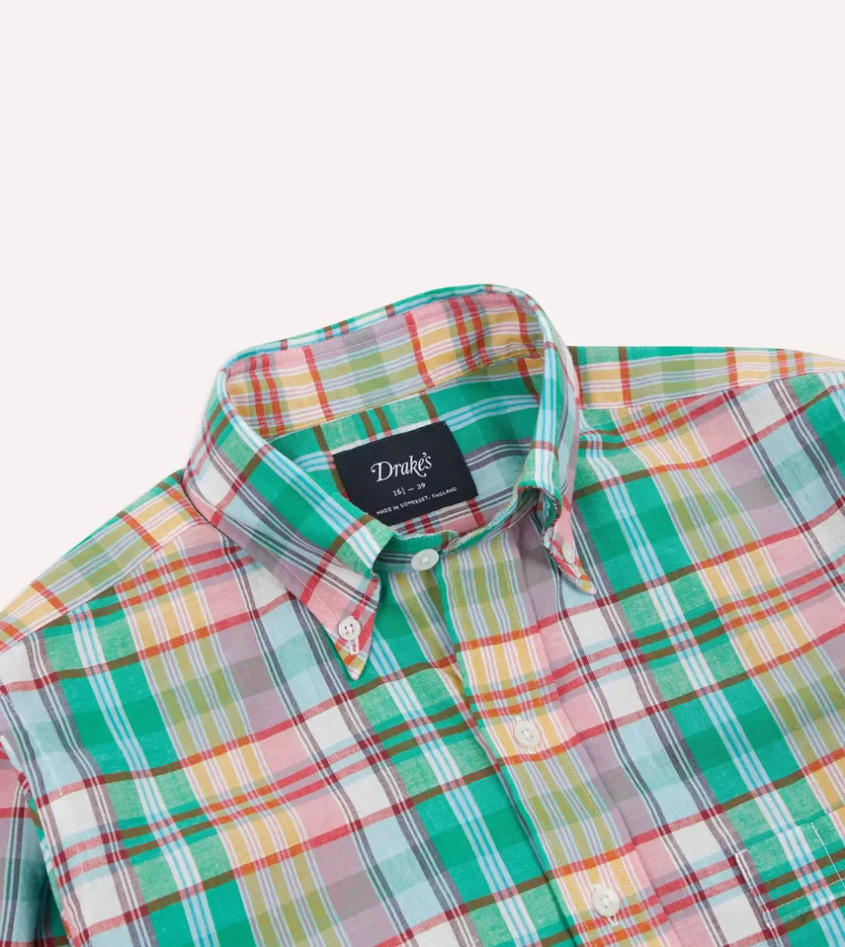 Drake's Green And Blue Madras Check Cotton Button-Down Shirt Sale