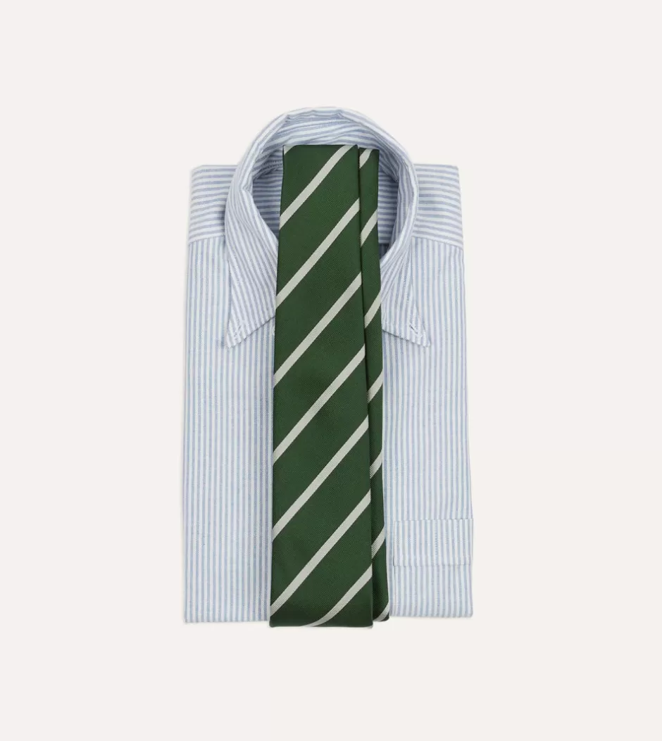 Drake's Green And Ecru Stripe Repp Silk Tipped Tie Hot