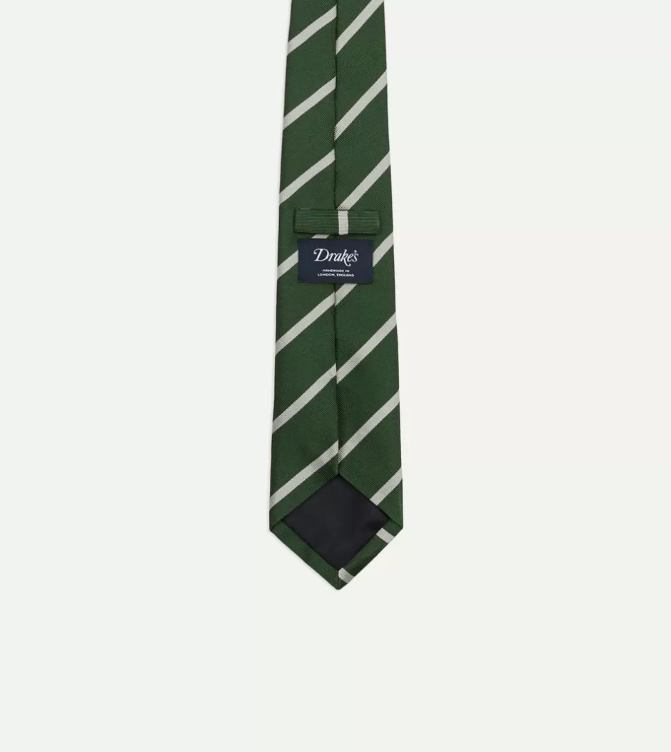 Drake's Green And Ecru Stripe Repp Silk Tipped Tie Hot