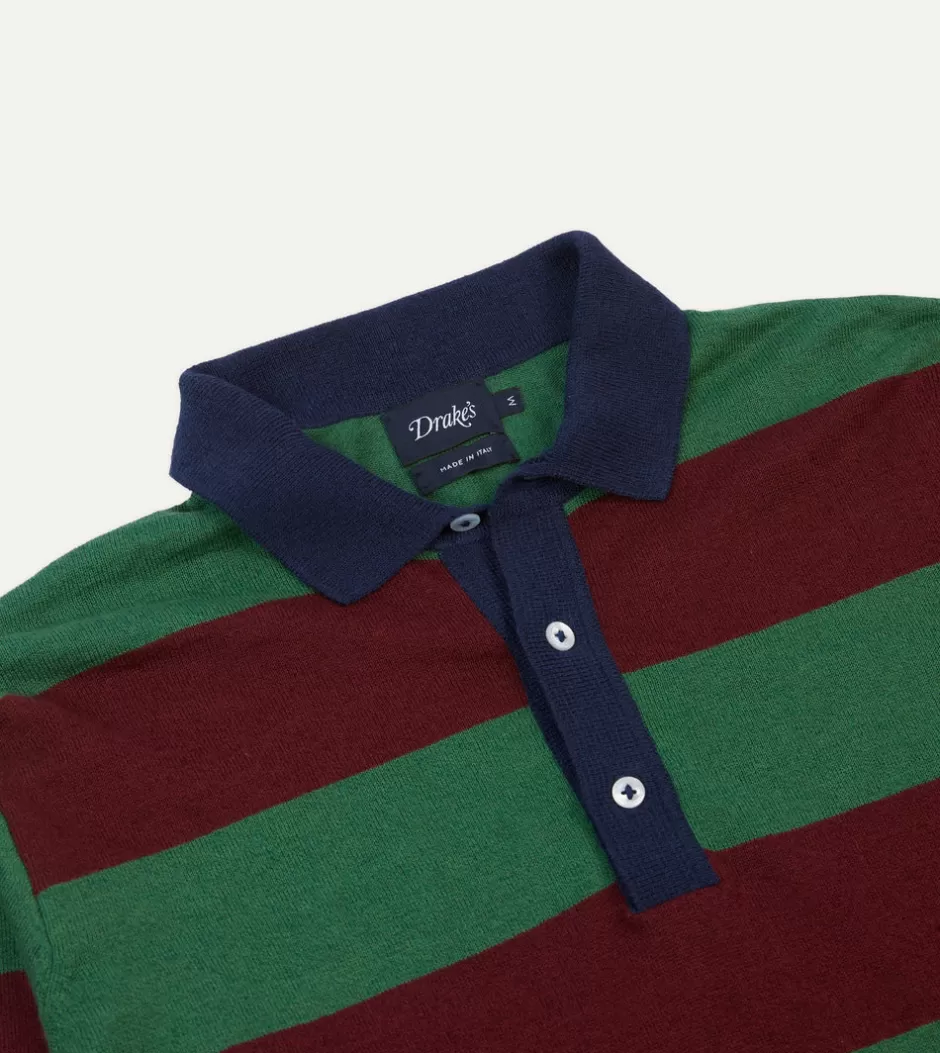 Drake's Green And Red Linen Cotton Knitted Rugby Shirt Online