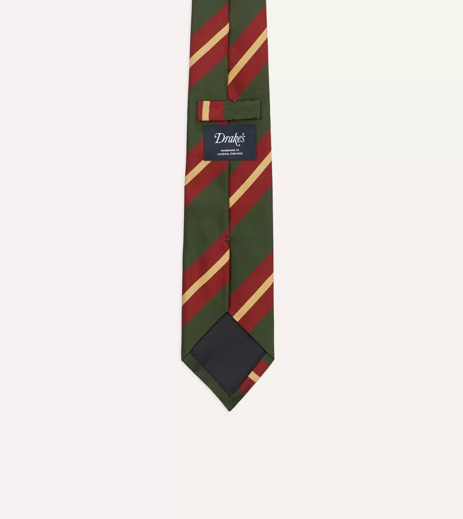 Drake's Green And Red Regimental Stripe Mogador Tipped Tie Clearance