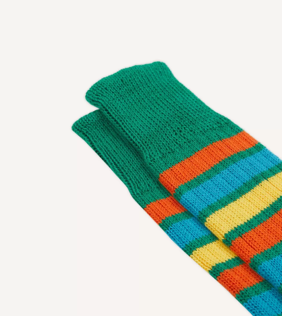 Drake's Green And Yellow Striped Cotton Sports Sock Sale