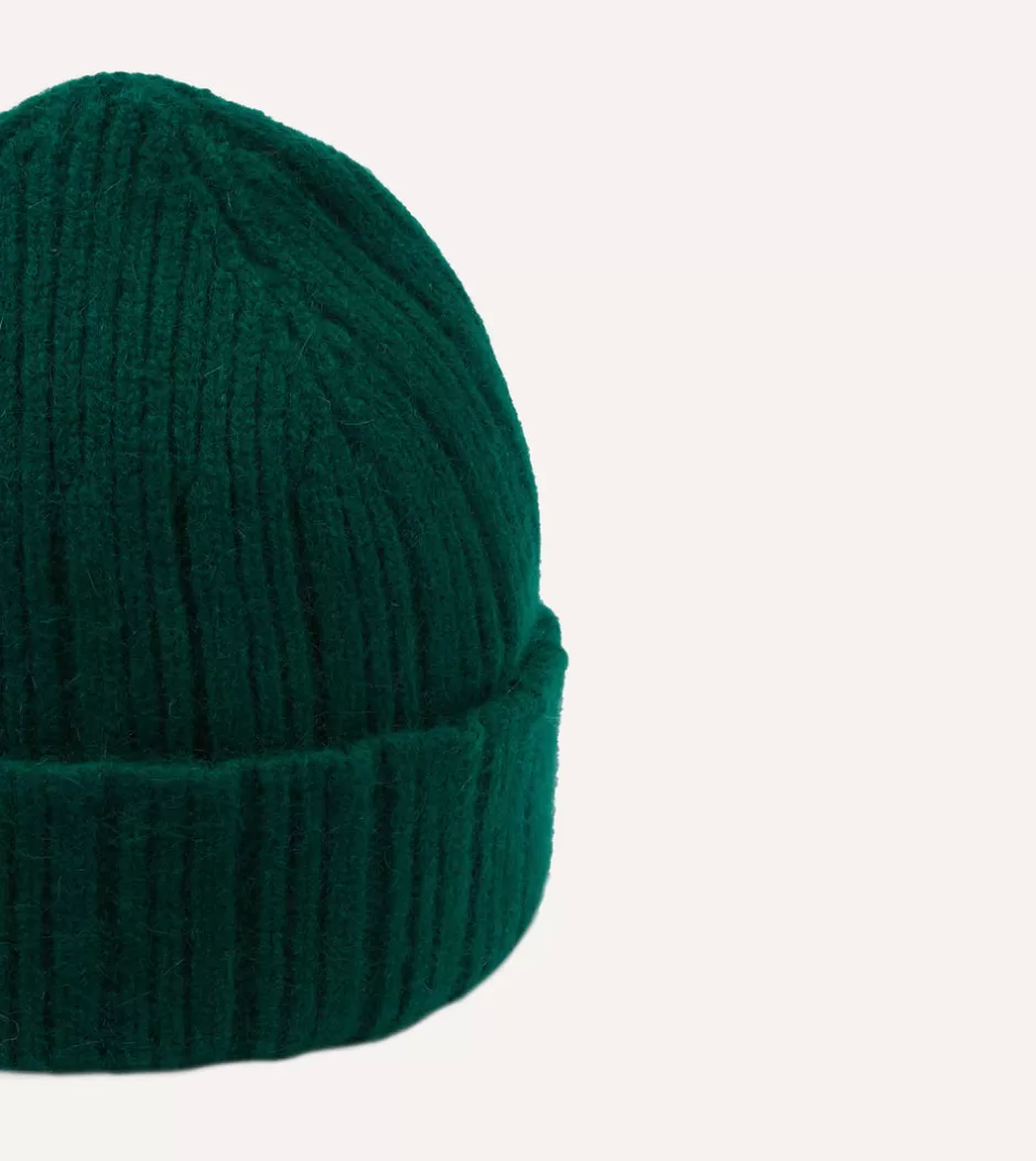 Drake's Angora Lambswool Ribbed Knit Cap Green New