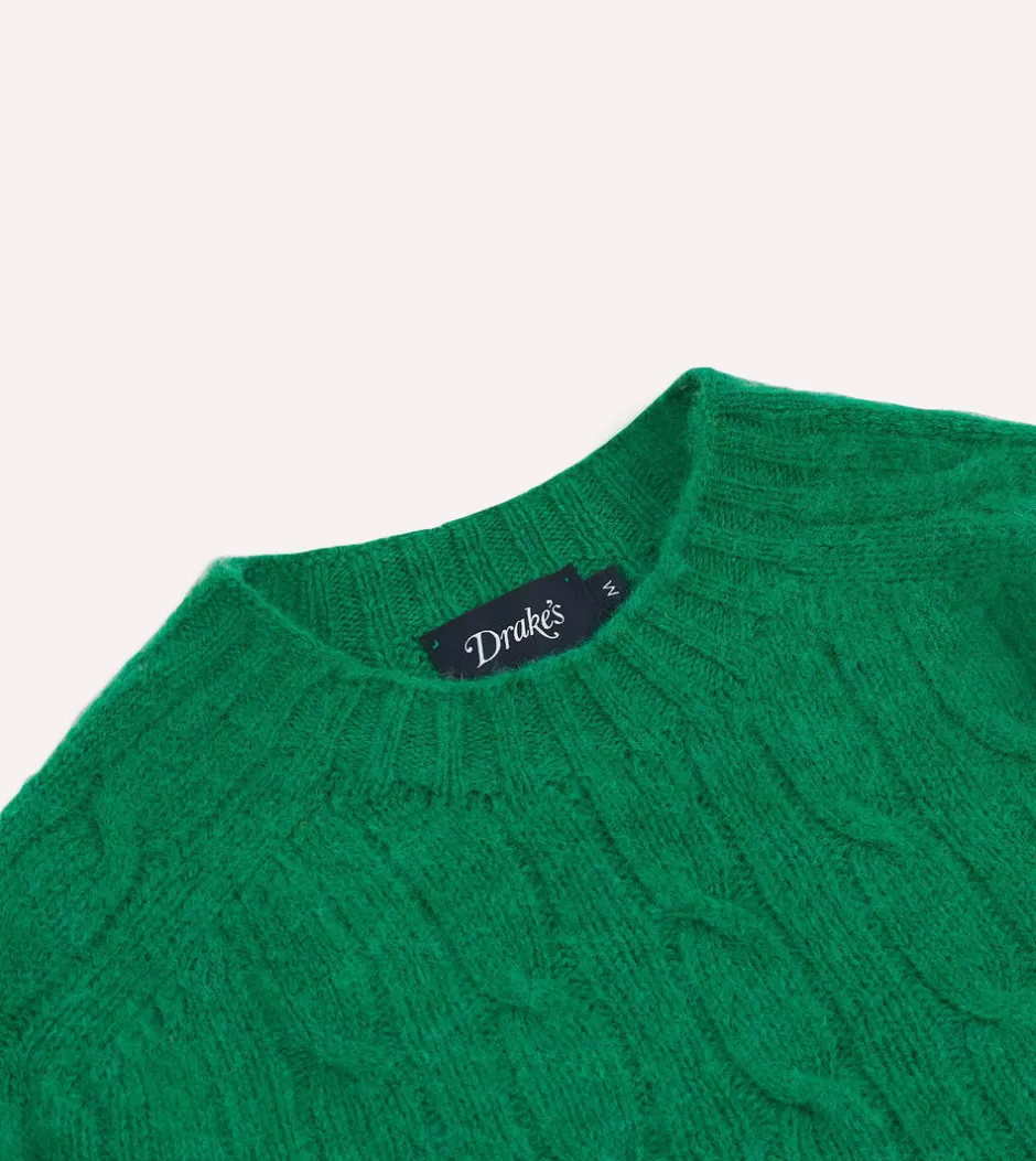 Drake's Brushed Shetland Cable Knit Crew Neck Jumper Green Store