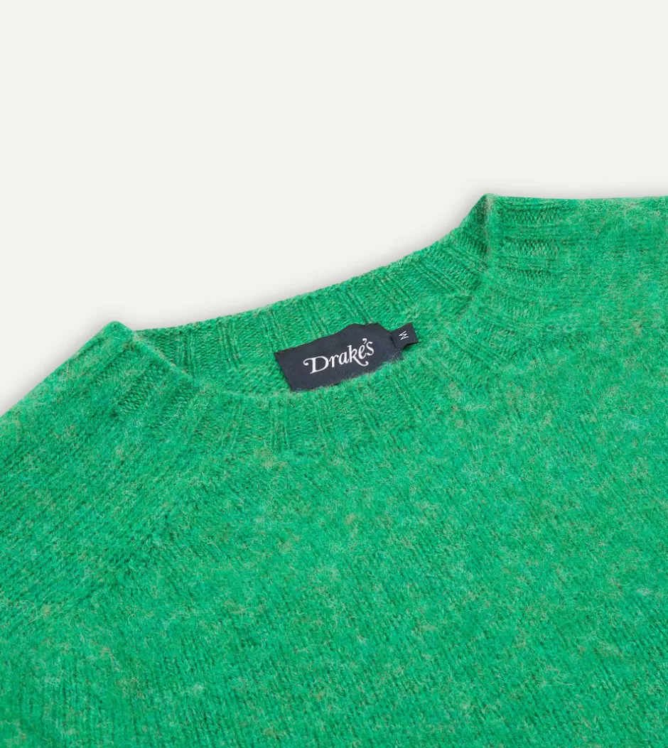 Drake's Brushed Shetland Crew Neck Jumper Green Clearance